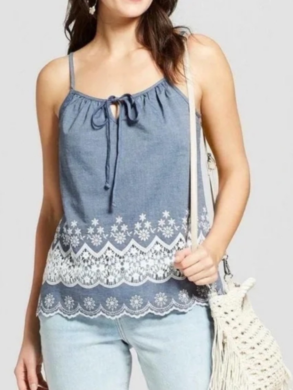 Knox Rose Blue Chambray Tie-Front Embroidered Camisole